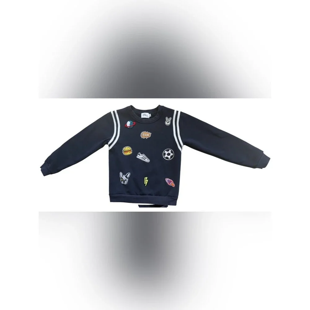 Lola + The Boys Kids Long Sleeve Embroidered Varsity Patch l Blue Jogger Set. 8